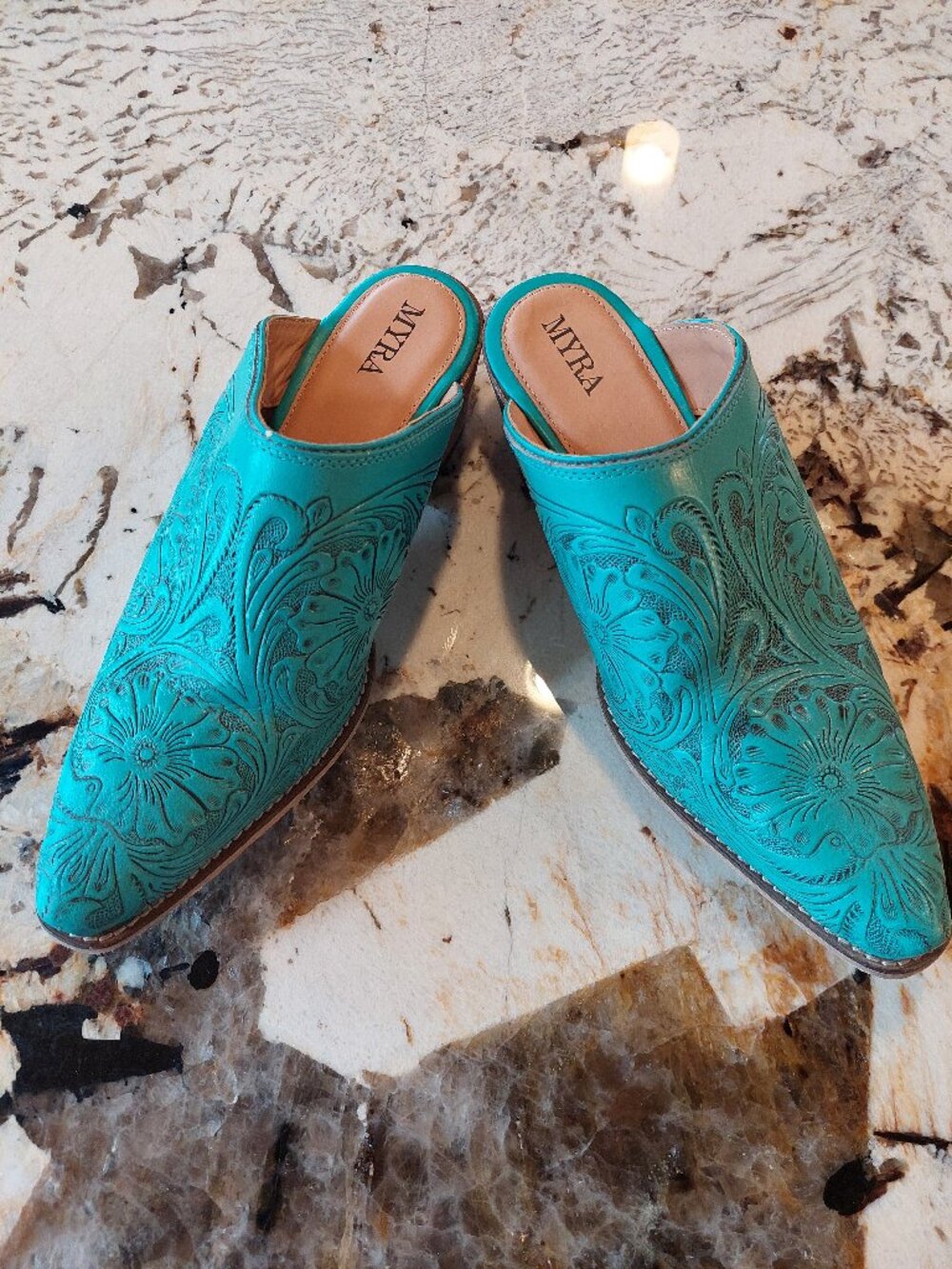 NEW Myra mules Turquoise tooled leather size 11